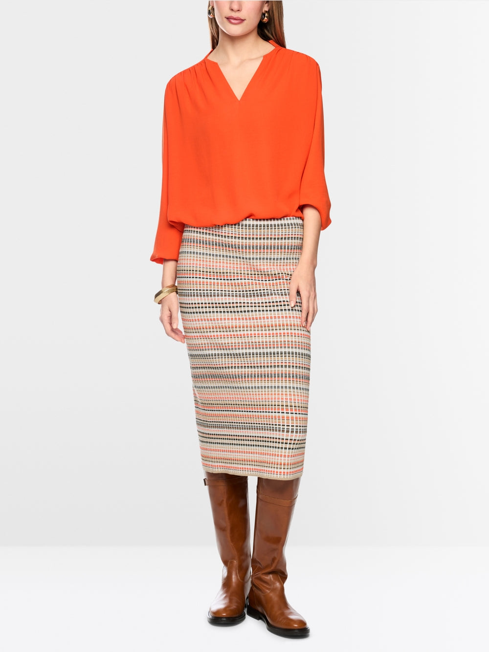 Marc Cain Tigerlily Open V-Neck Flowing Blouse with Decorative Button 