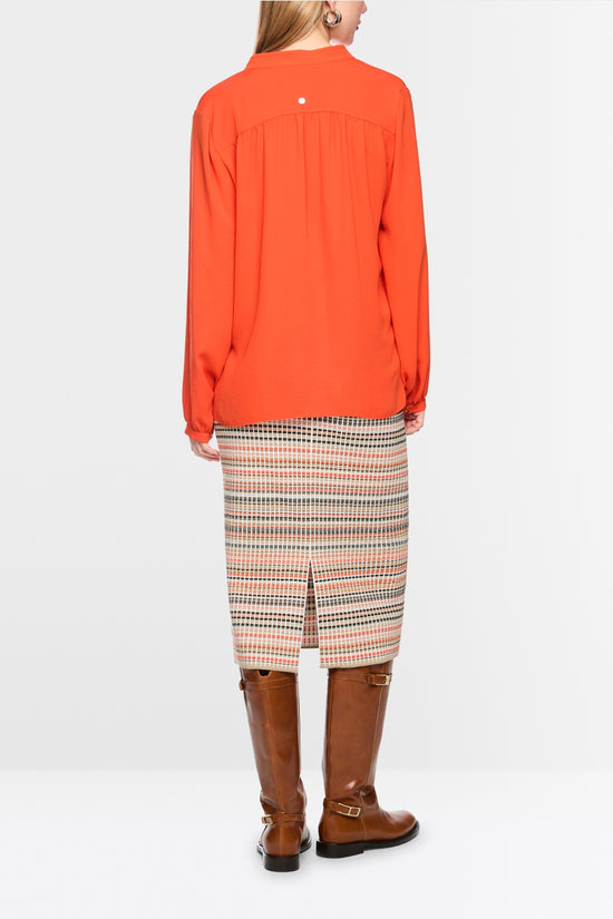 Marc Cain Tigerlily Open V-Neck Flowing Blouse with Decorative Button 