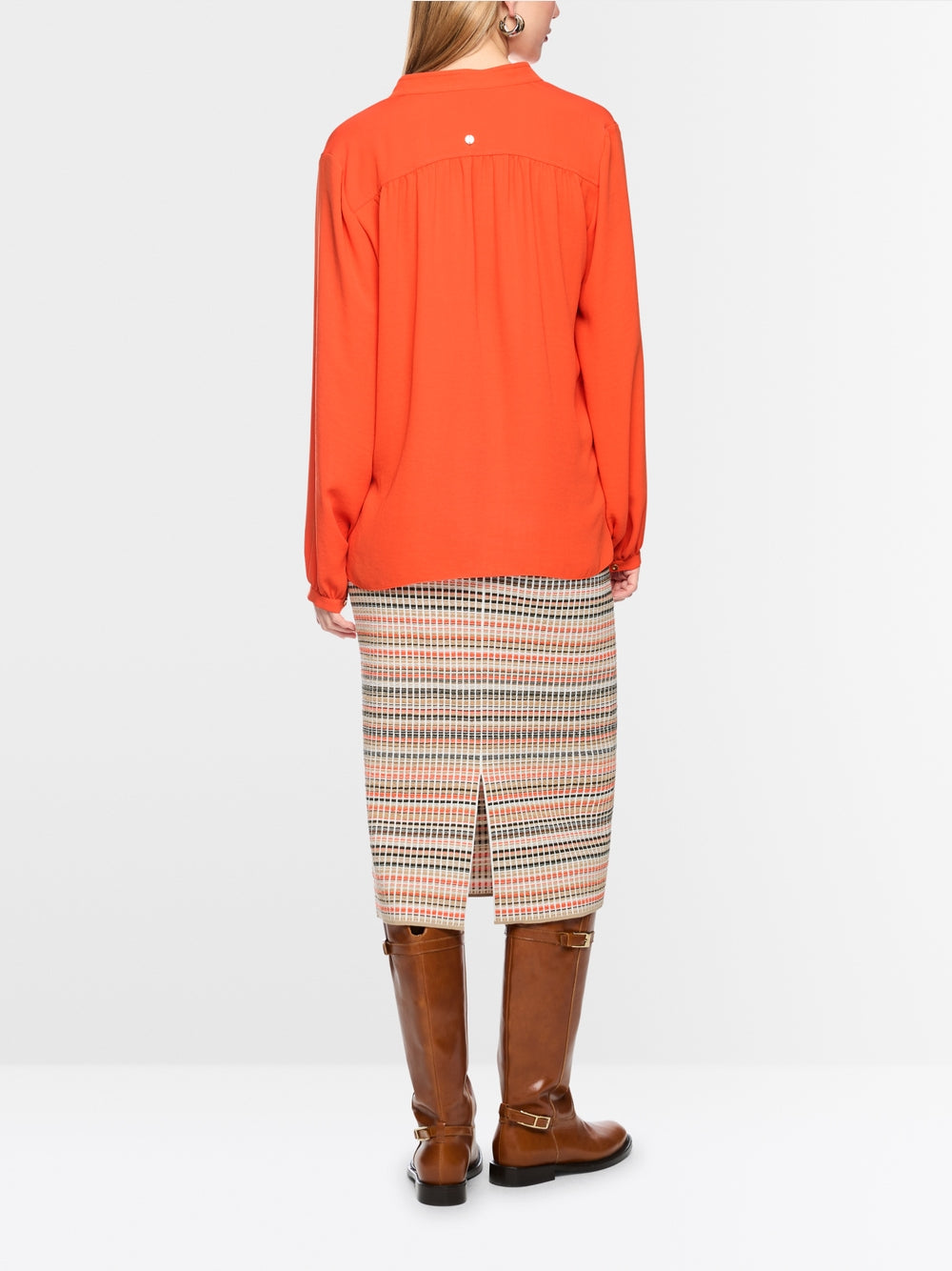Marc Cain Tigerlily Open V-Neck Flowing Blouse with Decorative Button 
