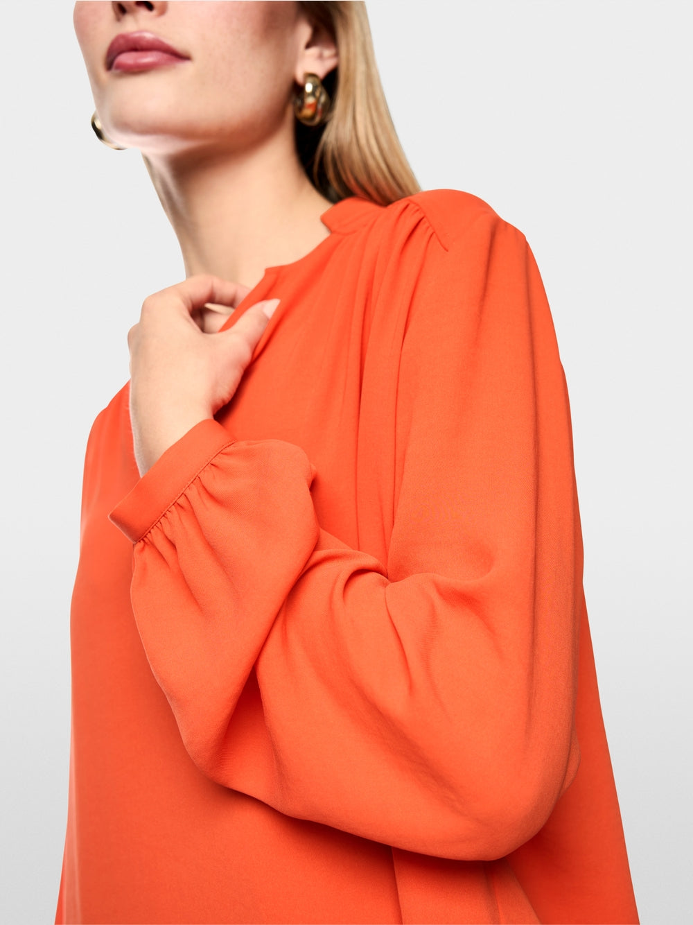 Marc Cain Tigerlily Open V-Neck Flowing Blouse with Decorative Button 