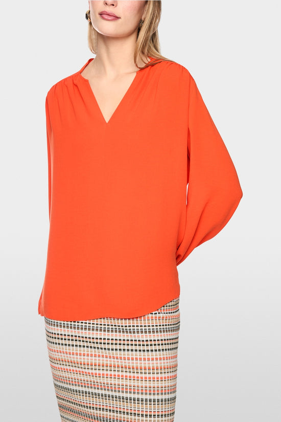 Marc Cain Tigerlily Open V-Neck Flowing Blouse with Decorative Button 