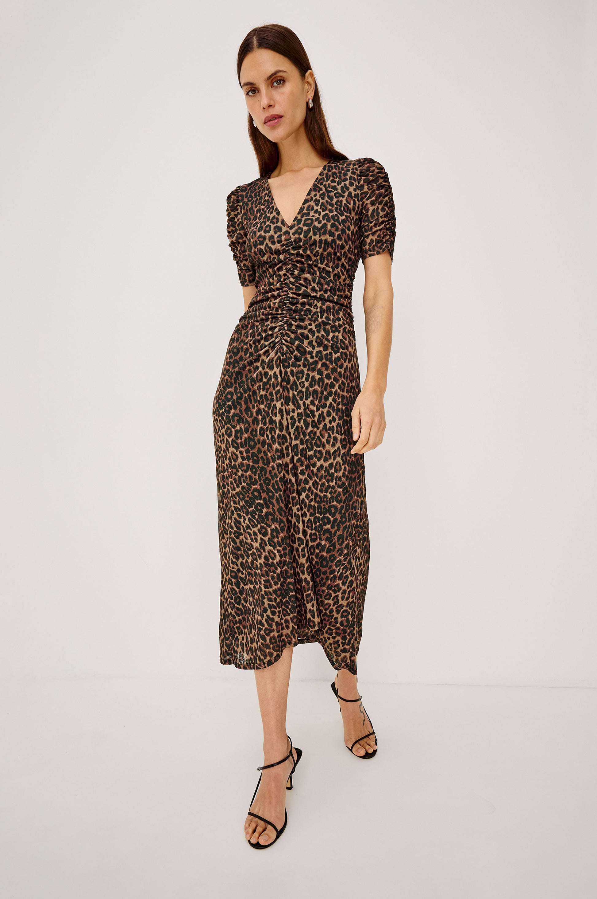 Rails Brown Animal Print Midi Dress with V-Neck, Gathered Detail & Short Sleeves