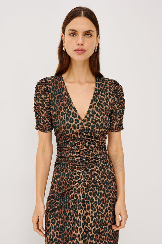 Rails Brown Animal Print Midi Dress with V-Neck, Gathered Detail & Short Sleeves