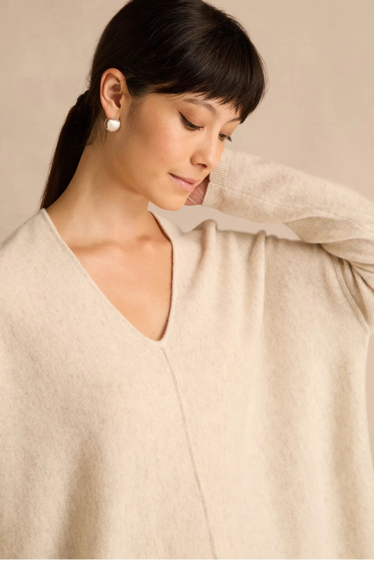 Sahara Ecru Merino Wool V Neck Sweater