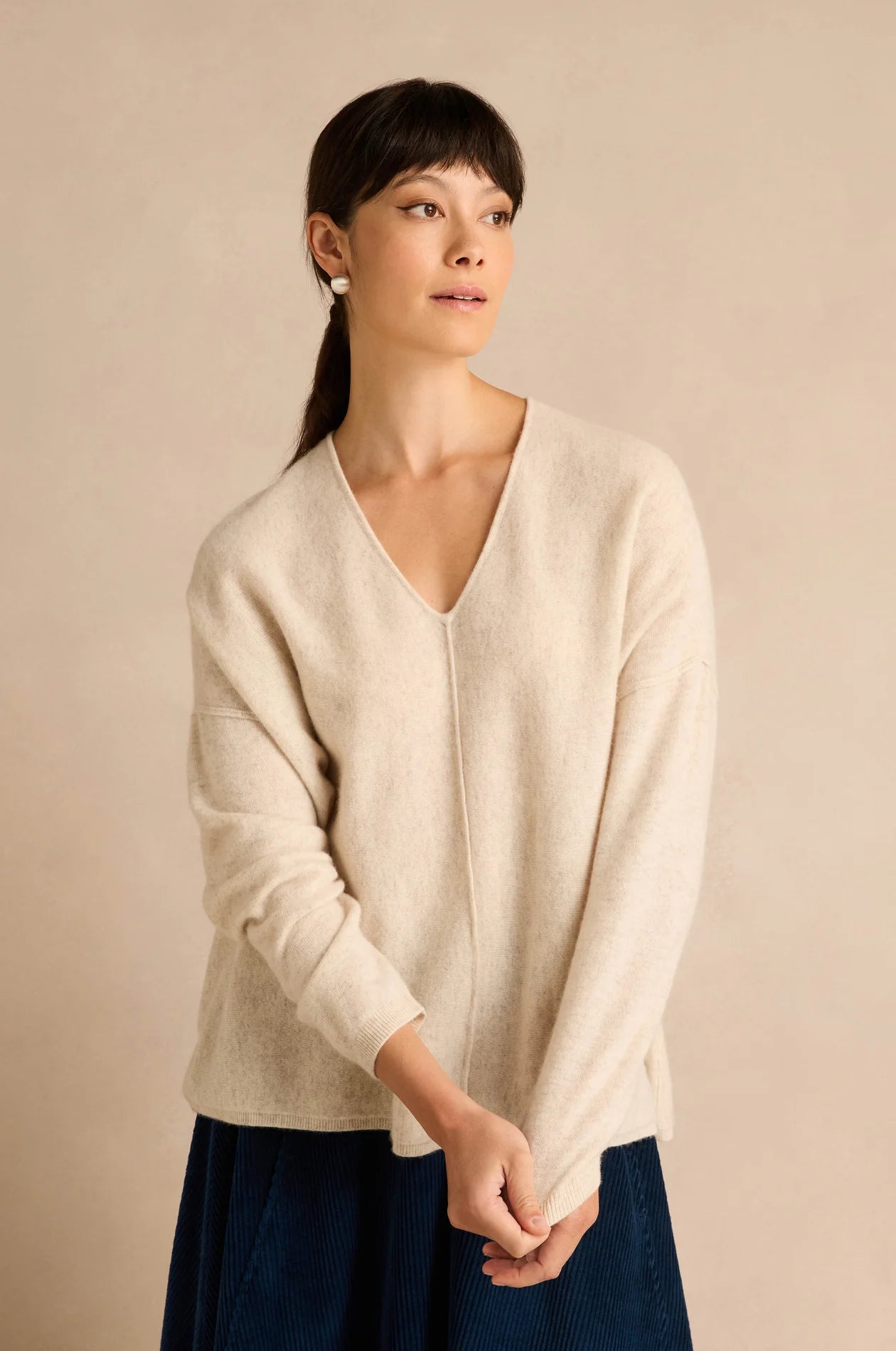 Sahara Ecru Merino Wool V Neck Sweater