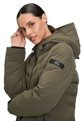 Betty Barclay Long Quilted Jacket with Detachable Hood in Dark Green 7905 1505