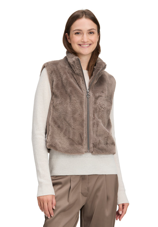 Betty Barclay Greyish Brown Faux Fur Gilet with Zip Fastening 7241 2901