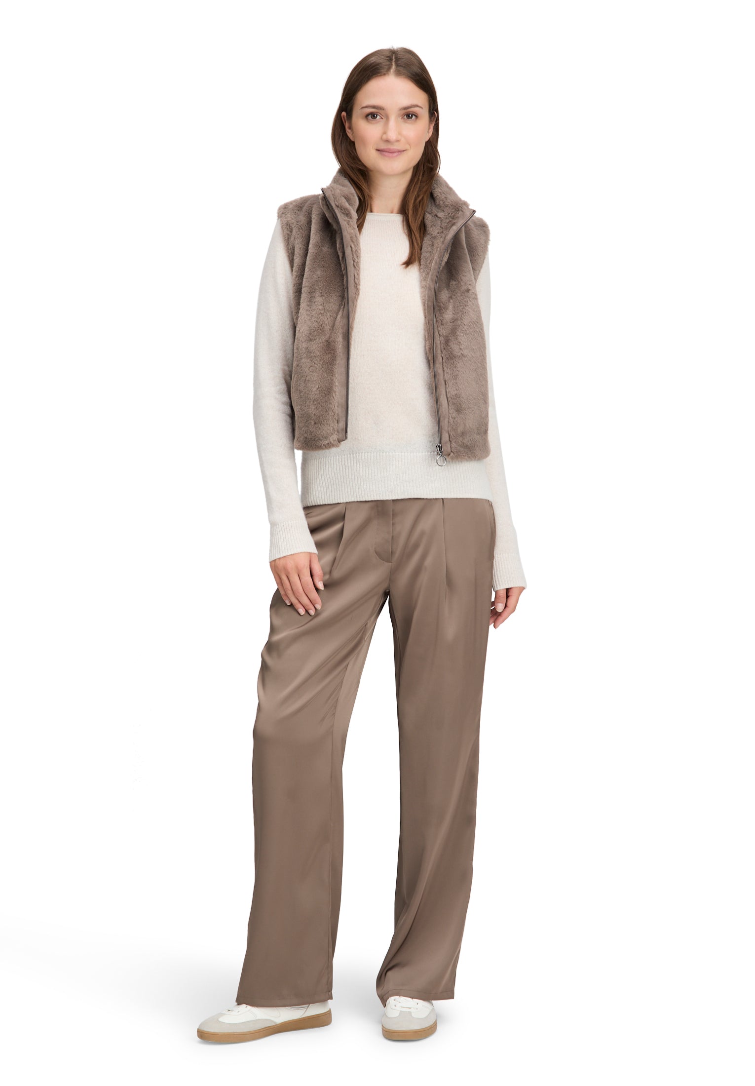 Betty Barclay Greyish Brown Faux Fur Gilet with Zip Fastening 7241 2901