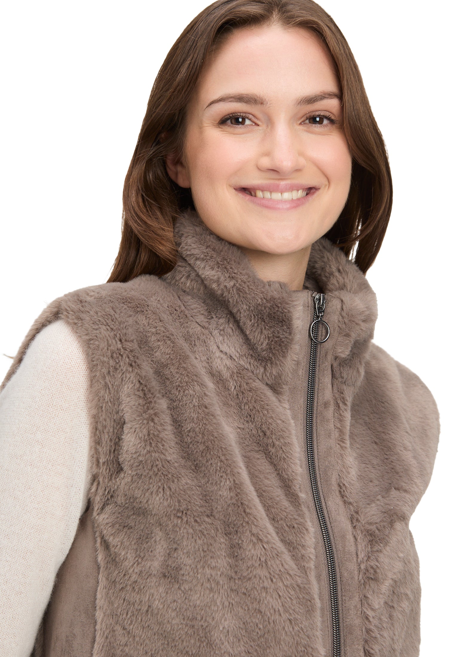 Betty Barclay Greyish Brown Faux Fur Gilet with Zip Fastening 7241 2901