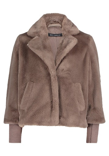 Betty Barclay brown/grey Faux Fur Jacket – Lapel Collar, Knitted Cuffs, Long Sleeve 7242 29011