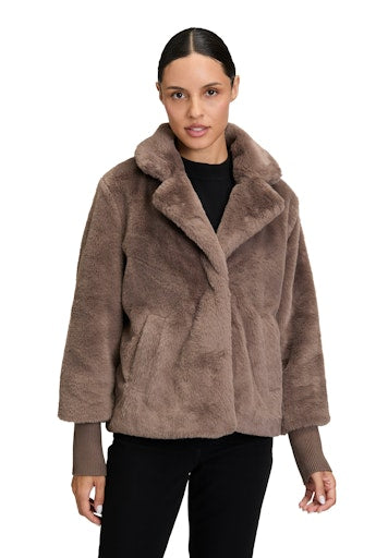 Betty Barclay brown/grey Faux Fur Jacket – Lapel Collar, Knitted Cuffs, Long Sleeve 7242 29011