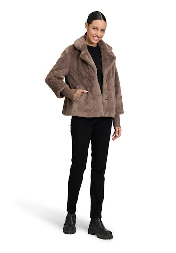 Betty Barclay brown/grey Faux Fur Jacket – Lapel Collar, Knitted Cuffs, Long Sleeve 7242 29011