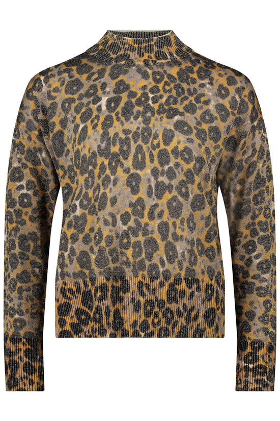 Betty Barclay Taupe & Yellow Animal Knit Sweater – Polo Neck, Long Sleeve 5338 1639