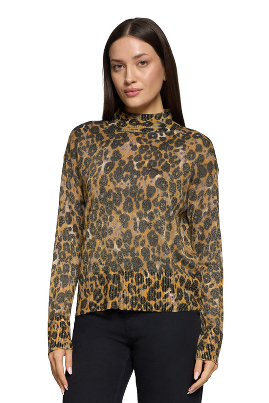 Betty Barclay Taupe & Yellow Animal Knit Sweater – Polo Neck, Long Sleeve 5338 1639