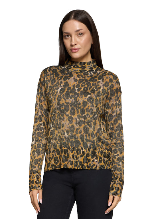 Betty Barclay Taupe & Yellow Animal Knit Sweater – Polo Neck, Long Sleeve 5338 1639