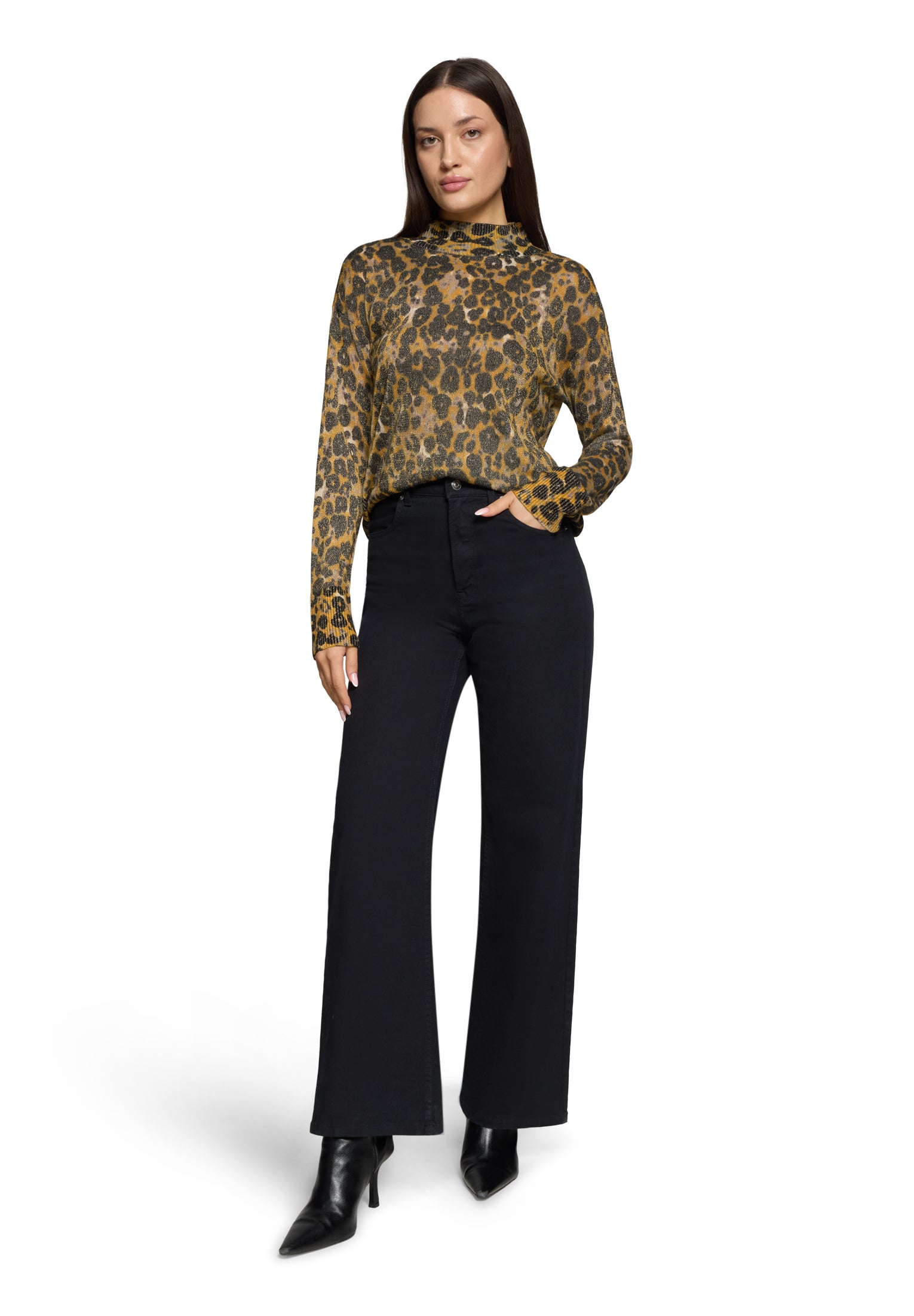 Betty Barclay Taupe & Yellow Animal Knit Sweater – Polo Neck, Long Sleeve 5338 1639