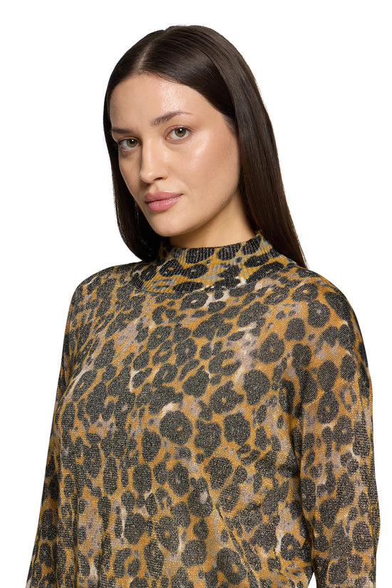 Betty Barclay Taupe & Yellow Animal Knit Sweater – Polo Neck, Long Sleeve 5338 1639