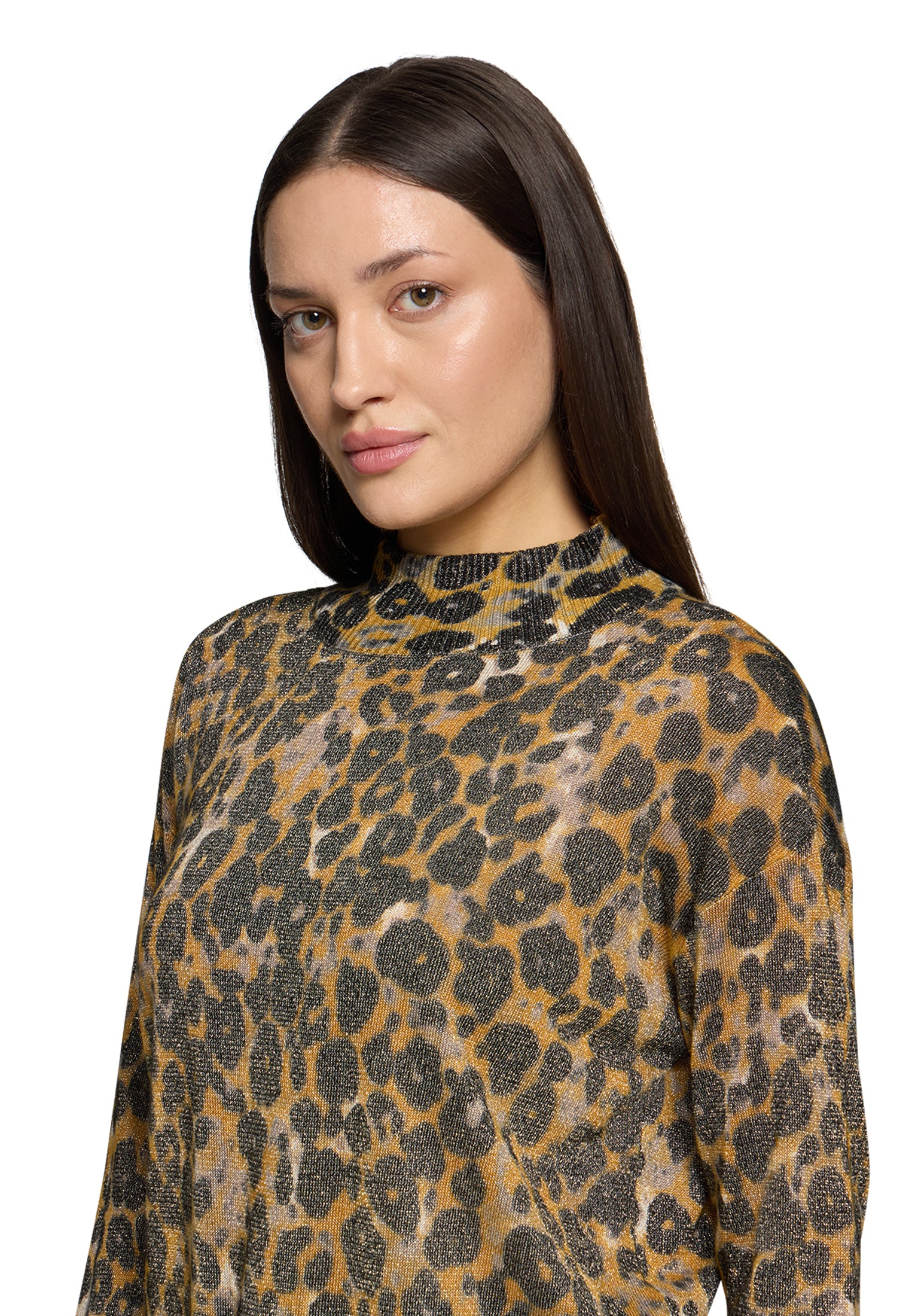 Betty Barclay Taupe & Yellow Animal Knit Sweater – Polo Neck, Long Sleeve 5338 1639