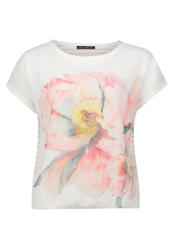 Betty Barclay Cream with Floral Motif Mesh Front Short Sleeve Top