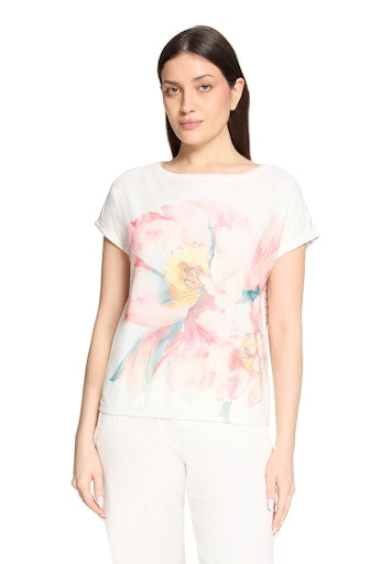 Betty Barclay Cream with Floral Motif Mesh Front Short Sleeve Top