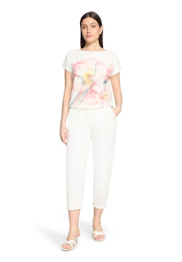 Betty Barclay Cream with Floral Motif Mesh Front Short Sleeve Top