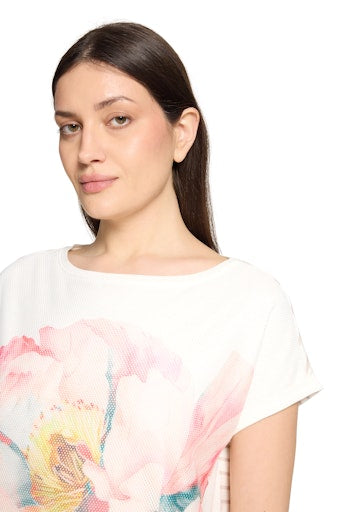 Betty Barclay Cream with Floral Motif Mesh Front Short Sleeve Top