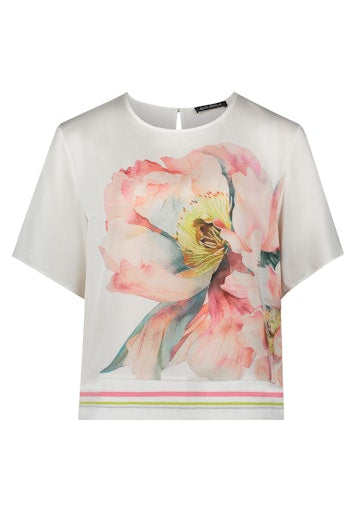 Betty Barclay Cream with Floral Motif Mesh Front Short Sleeve Top
