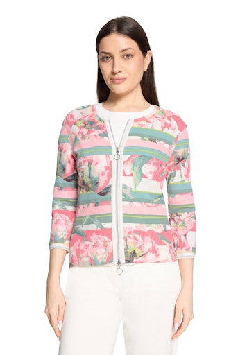 Betty Barclay Floral Print Zip Fitted Ribbed Cardigan, 3/4 Sleeve Round Neck 27631817
