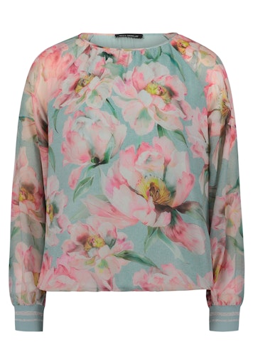Betty Barclay Mint Floral Blouse Loose Fit with Long Sleeves and Round Neck