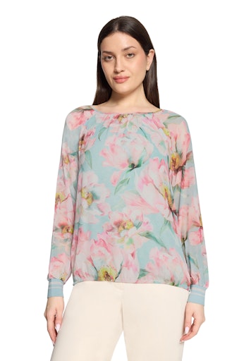 Betty Barclay Mint Floral Blouse Loose Fit with Long Sleeves and Round Neck