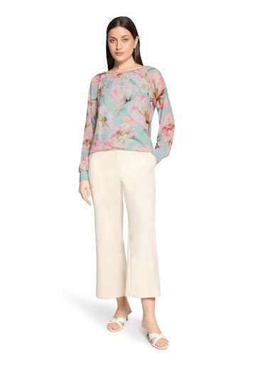 Betty Barclay Mint Floral Blouse Loose Fit with Long Sleeves and Round Neck