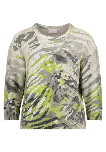 Betty Barclay Khaki Animal Print Knit Sweater, Straight Fit, 3/4 Sleeve, Round Neck