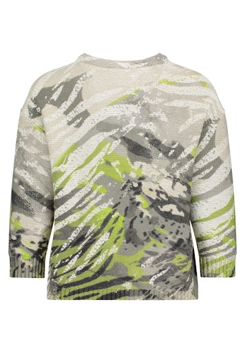 Betty Barclay Khaki Animal Print Knit Sweater, Straight Fit, 3/4 Sleeve, Round Neck