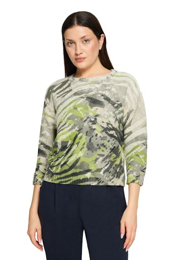 Betty Barclay Khaki Animal Print Knit Sweater, Straight Fit, 3/4 Sleeve, Round Neck