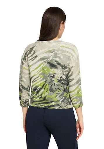 Betty Barclay Khaki Animal Print Knit Sweater, Straight Fit, 3/4 Sleeve, Round Neck