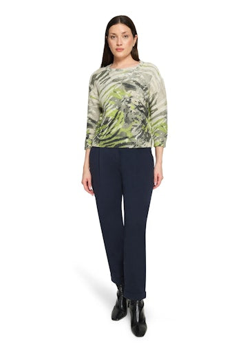 Betty Barclay Khaki Animal Print Knit Sweater, Straight Fit, 3/4 Sleeve, Round Neck