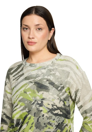 Betty Barclay Khaki Animal Print Knit Sweater, Straight Fit, 3/4 Sleeve, Round Neck