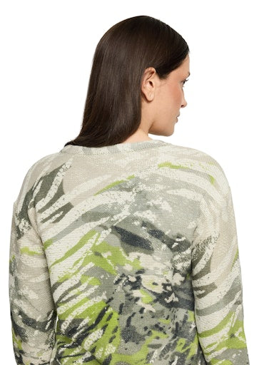 Betty Barclay Khaki Animal Print Knit Sweater, Straight Fit, 3/4 Sleeve, Round Neck
