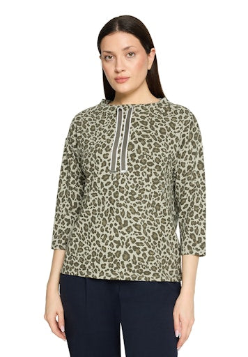 Betty Barclay Khaki Animal Print Sweatshirt, 3/4 Dropped Sleeve, Stand-Up Collar 24328547