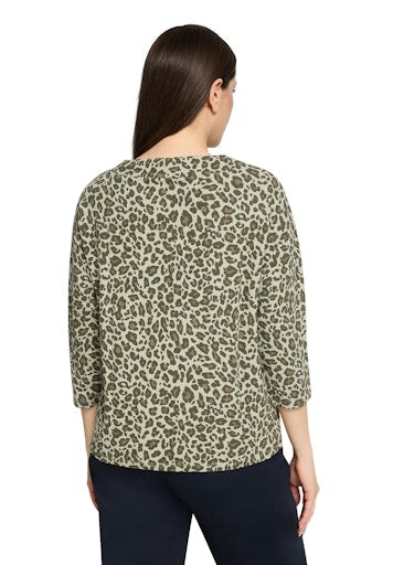Betty Barclay Khaki Animal Print Sweatshirt, 3/4 Dropped Sleeve, Stand-Up Collar 24328547