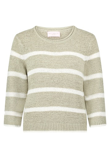 Betty Barclay Cream & Green Striped Knit Sweater, Straight Fit, 3/4 Sleeve, Round Neck 52918239
