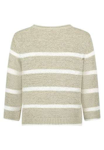 Betty Barclay Cream & Green Striped Knit Sweater, Straight Fit, 3/4 Sleeve, Round Neck 52918239