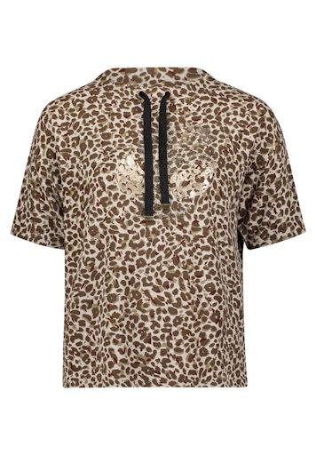 Betty Barclay Beige Animal Print Sweatshirt – Short Sleeve, Stand-Up Collar