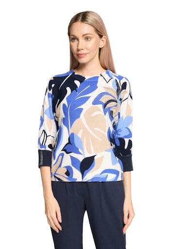 Betty Barclay Blue & Cream Floral Knit Round Neck Sweater 54011728