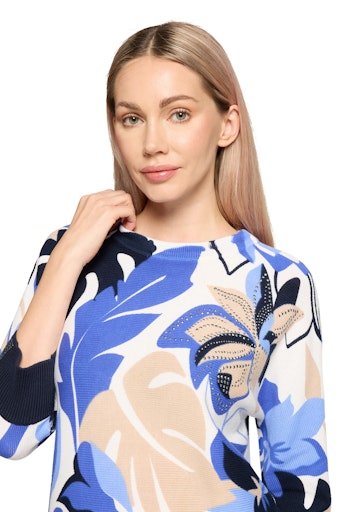 Betty Barclay Blue & Cream Floral Knit Round Neck Sweater 54011728