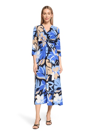 Betty Barclay Blue Floral Midi V Neck Dress with 3/4 Sleeve 18041729