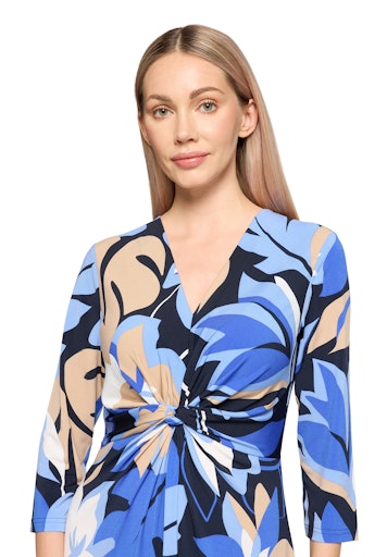 Betty Barclay Blue Floral Midi V Neck Dress with 3/4 Sleeve 18041729