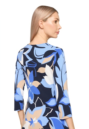 Betty Barclay Blue Floral Midi V Neck Dress with 3/4 Sleeve 18041729