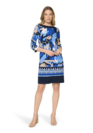 Betty Barclay Blue Floral Knee-Length Dress with Bateau Neck, 3/4 Sleeves 18071871