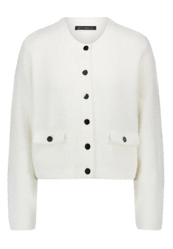 Betty Barclay White Knitted Jacket Round Neck Button Front Patch Pockets